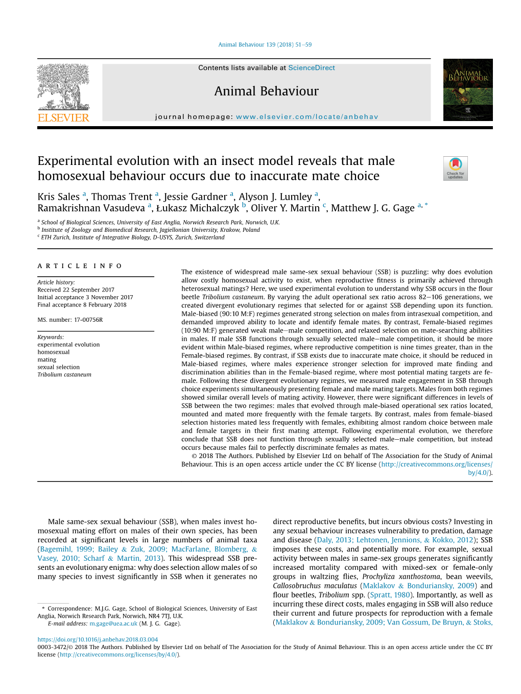 Experimental Evolution with an Insect Model Reveals That Male Homosexual Behaviour Occurs Due to Inaccurate Mate Choice