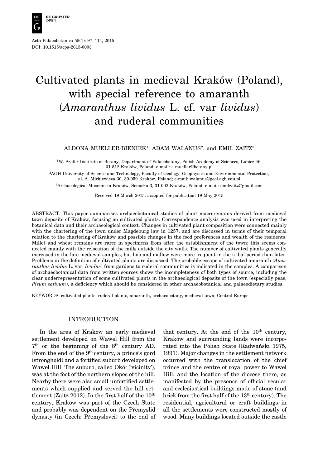 Cultivated Plants in Medieval Kraków (Poland), with Special Reference to Amaranth (Amaranthus Lividus L