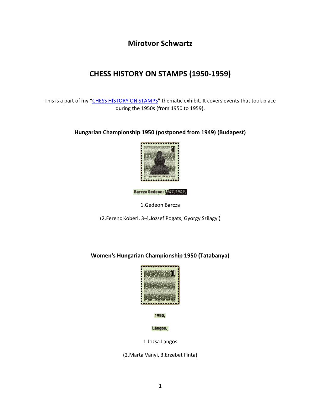 Mirotvor Schwartz CHESS HISTORY on STAMPS (1950-1959)