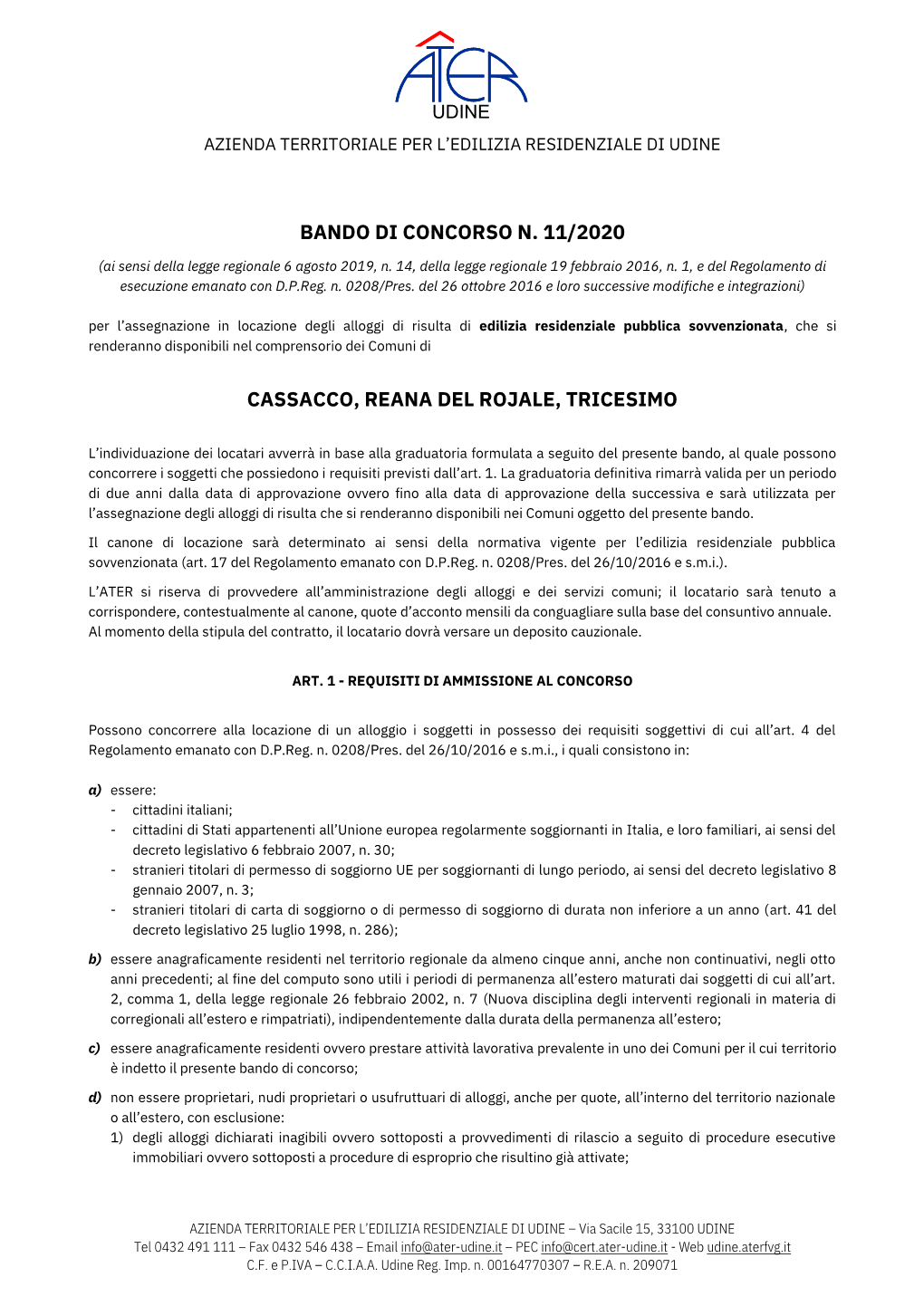 Bando Di Concorso N. 11/2020 Cassacco, Reana Del Rojale