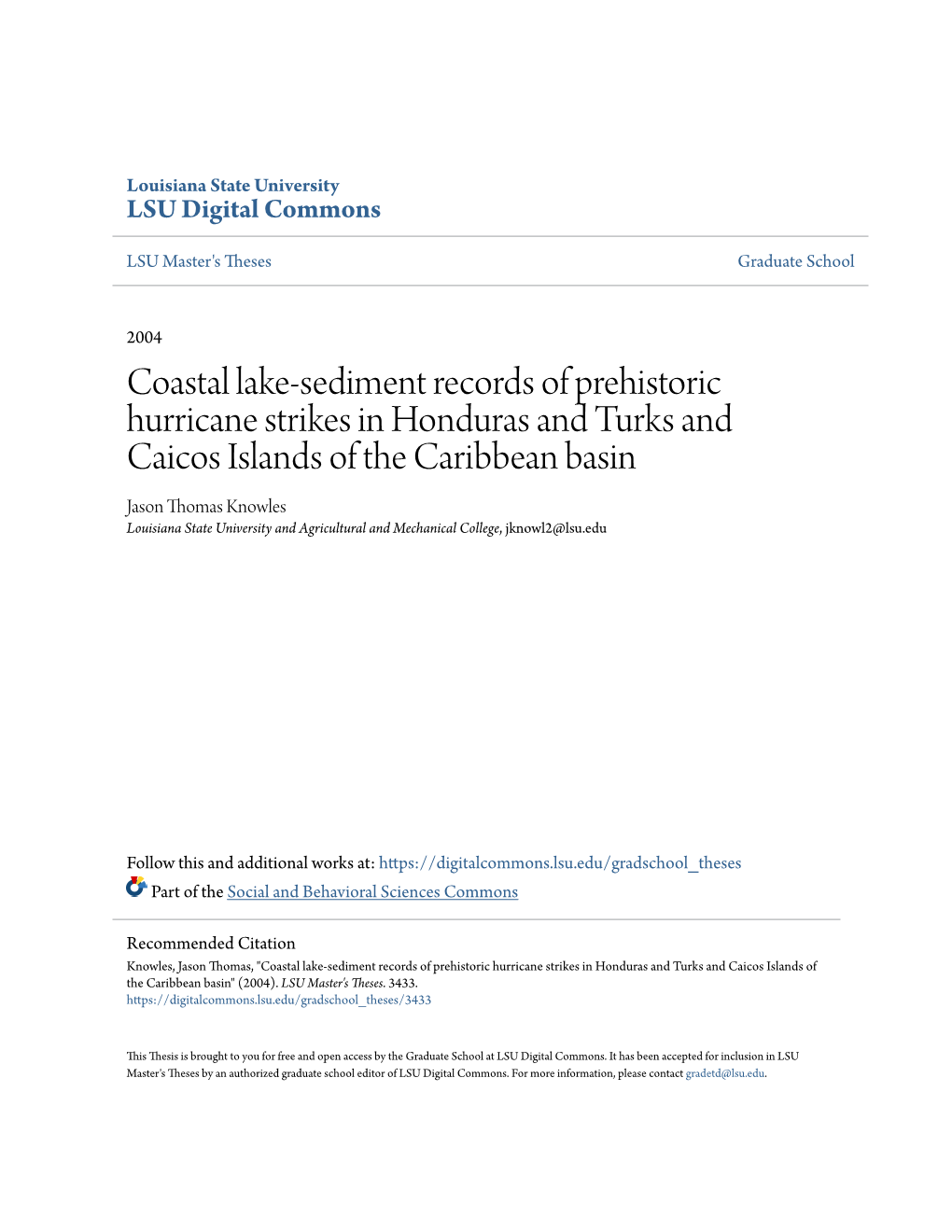 Coastal Lake-Sediment Records of Prehistoric Hurricane Strikes In