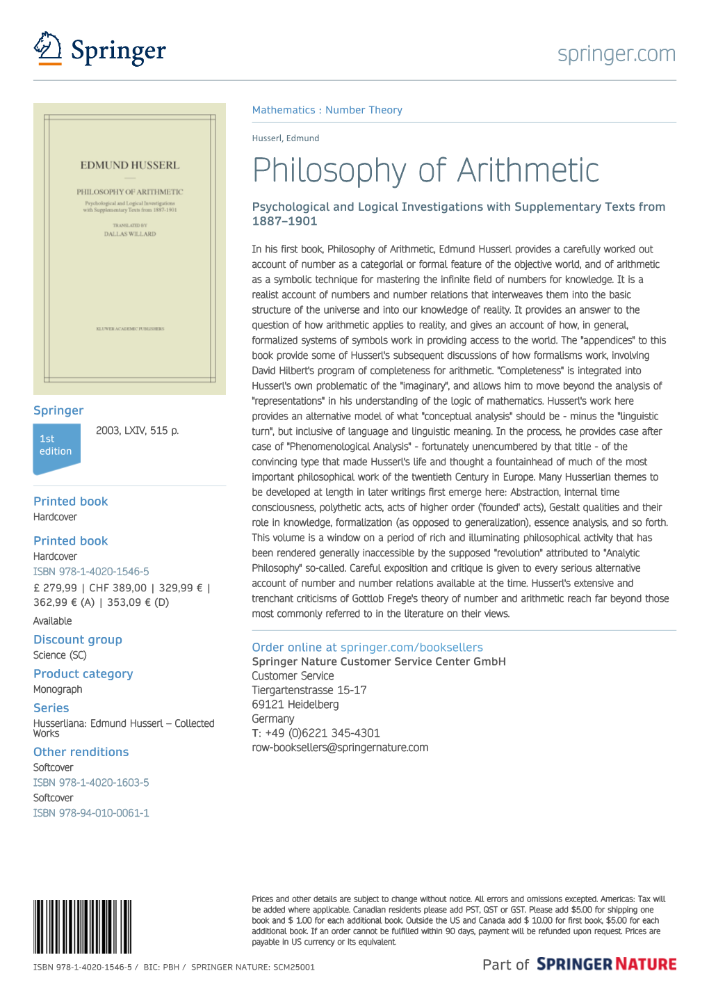 Philosophy of Arithmetic Psychological and Logical Investigations with Supplementary Texts from 1887–1901