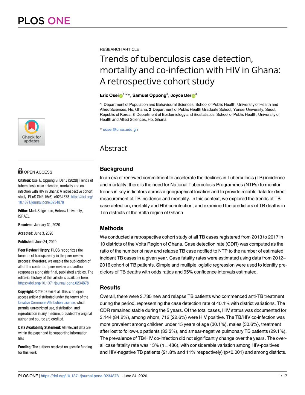 Trends of Tuberculosis Case Detection, Mortality and Co-Infection with HIV in Ghana: a Retrospective Cohort Study