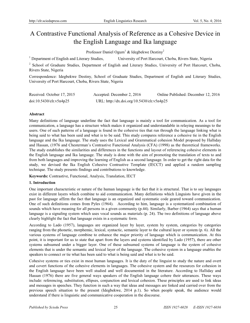 A Contrastive Functional Analysis of Reference As a Cohesive Device in the English Language and Ika Language