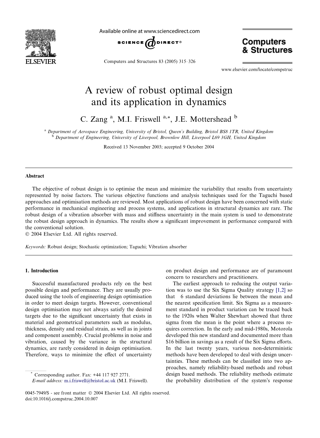 A Review of Robust Optimal Design and Its Application in Dynamics