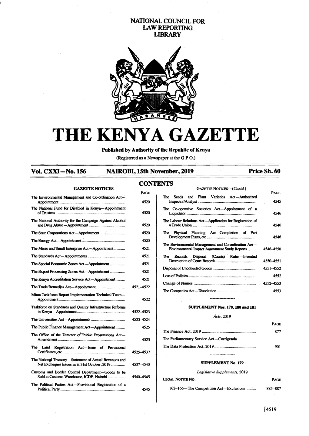 THE KENYA GAZETTE Published by Authority of the Republic of Kenya (Registered As a Newspaper at the G.P.O.)