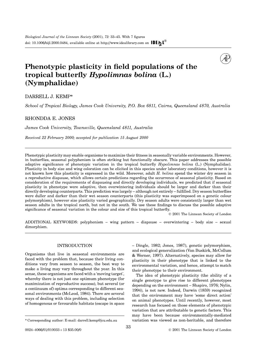 Phenotypic Plasticity in Field Populations of The