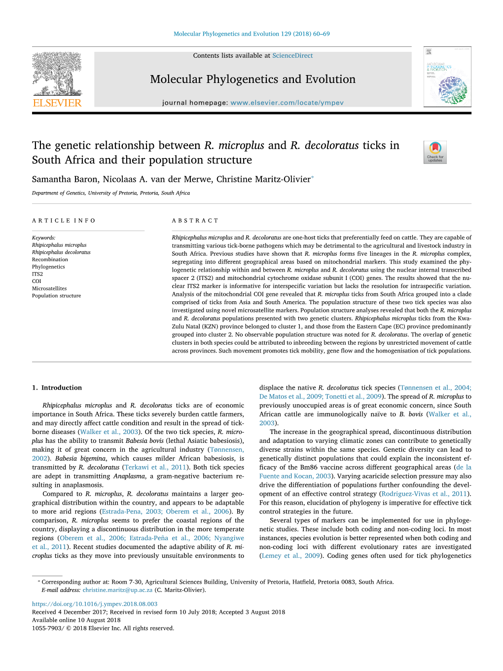 The Genetic Relationship Between R. Microplus and R. Decoloratus Ticks in South Africa and Their Population Structure T ⁎ Samantha Baron, Nicolaas A