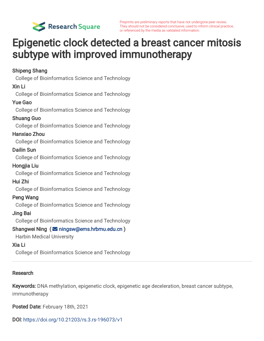 Epigenetic Clock Detected a Breast Cancer Mitosis Subtype with Improved Immunotherapy