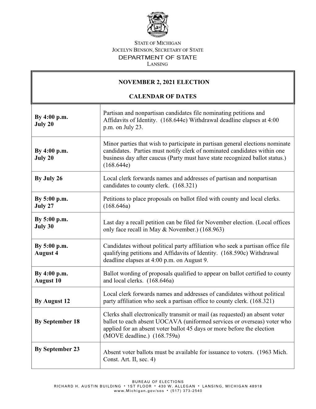 November 2, 2021 Election Calendar Of