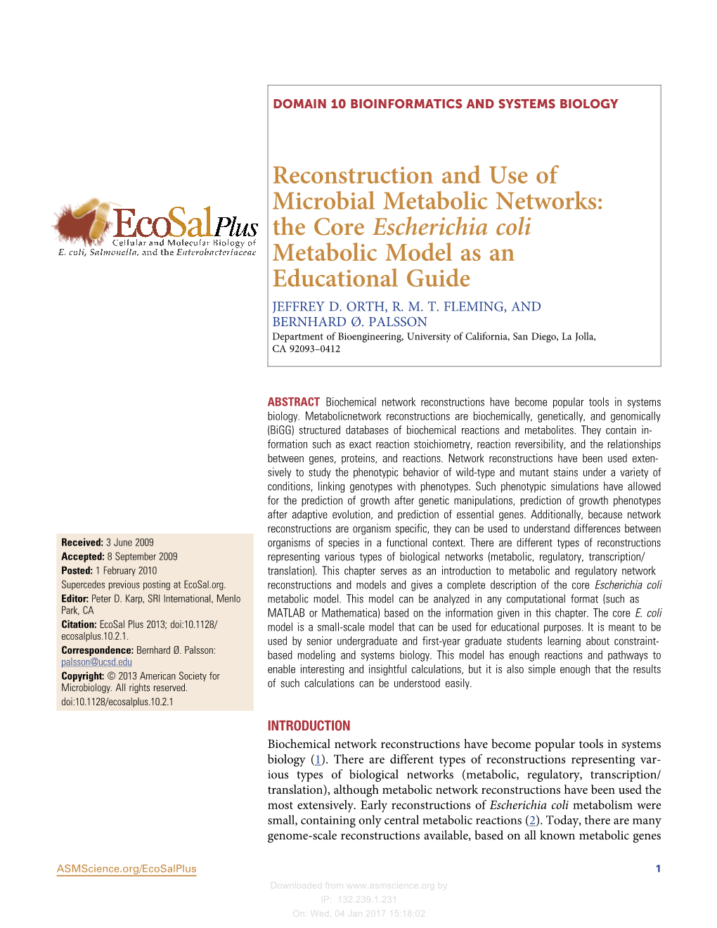 The Core Escherichia Coli Metabolic Model As an Educational Guide JEFFREY D