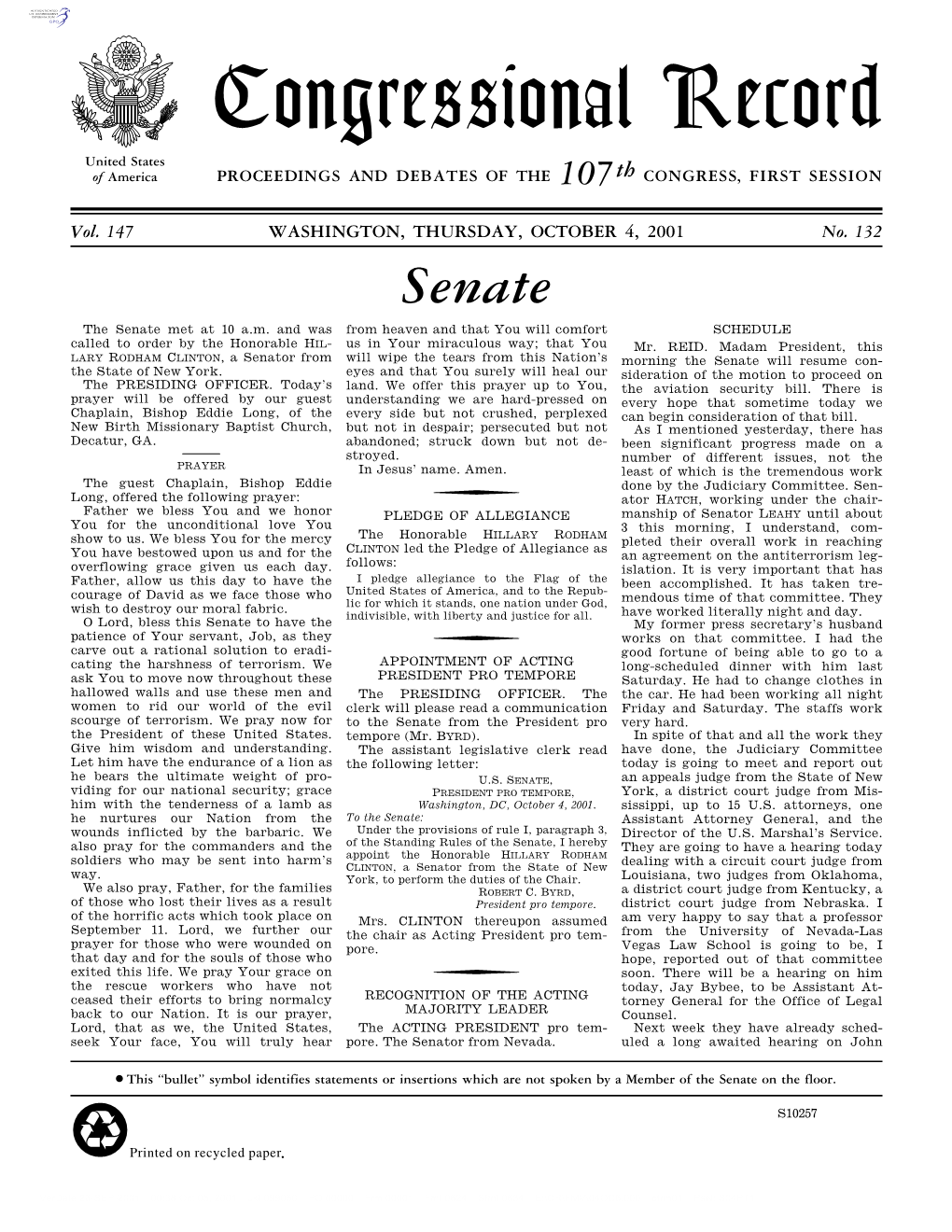 Congressional Record United States of America PROCEEDINGS and DEBATES of the 107Th CONGRESS, FIRST SESSION