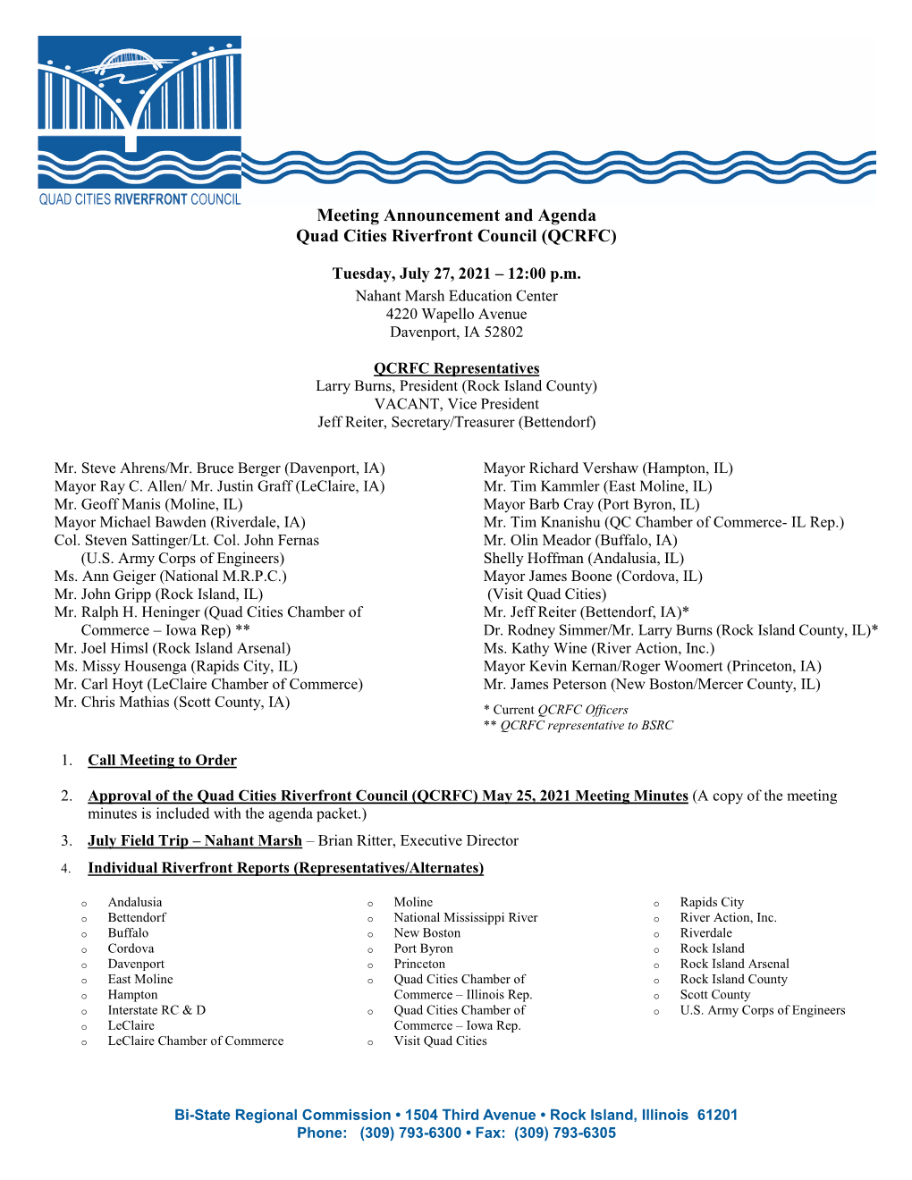 Quad Cities Riverfront Council Meeting Agenda, July 27, 2021