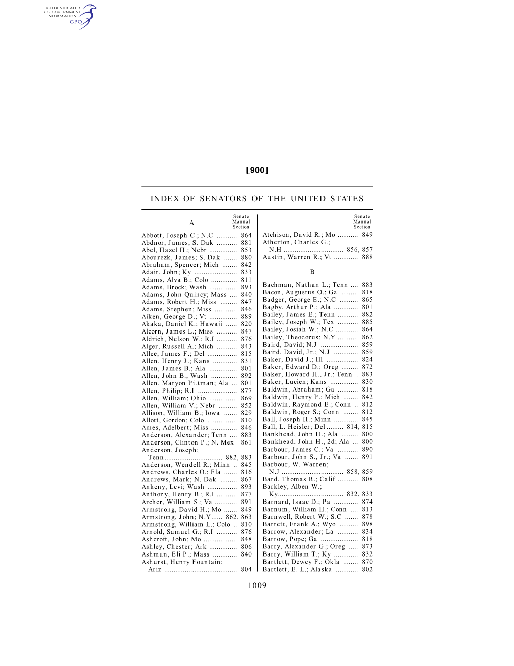 1009 Ø900¿ Index of Senators of the United States