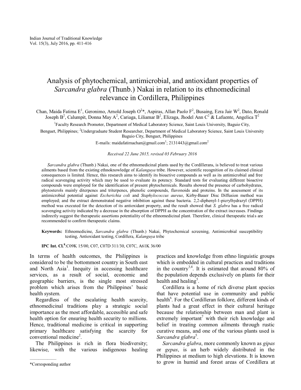 Sarcandra Glabra (Thunb.) Nakai in Relation to Its Ethnomedicinal Relevance in Cordillera, Philippines