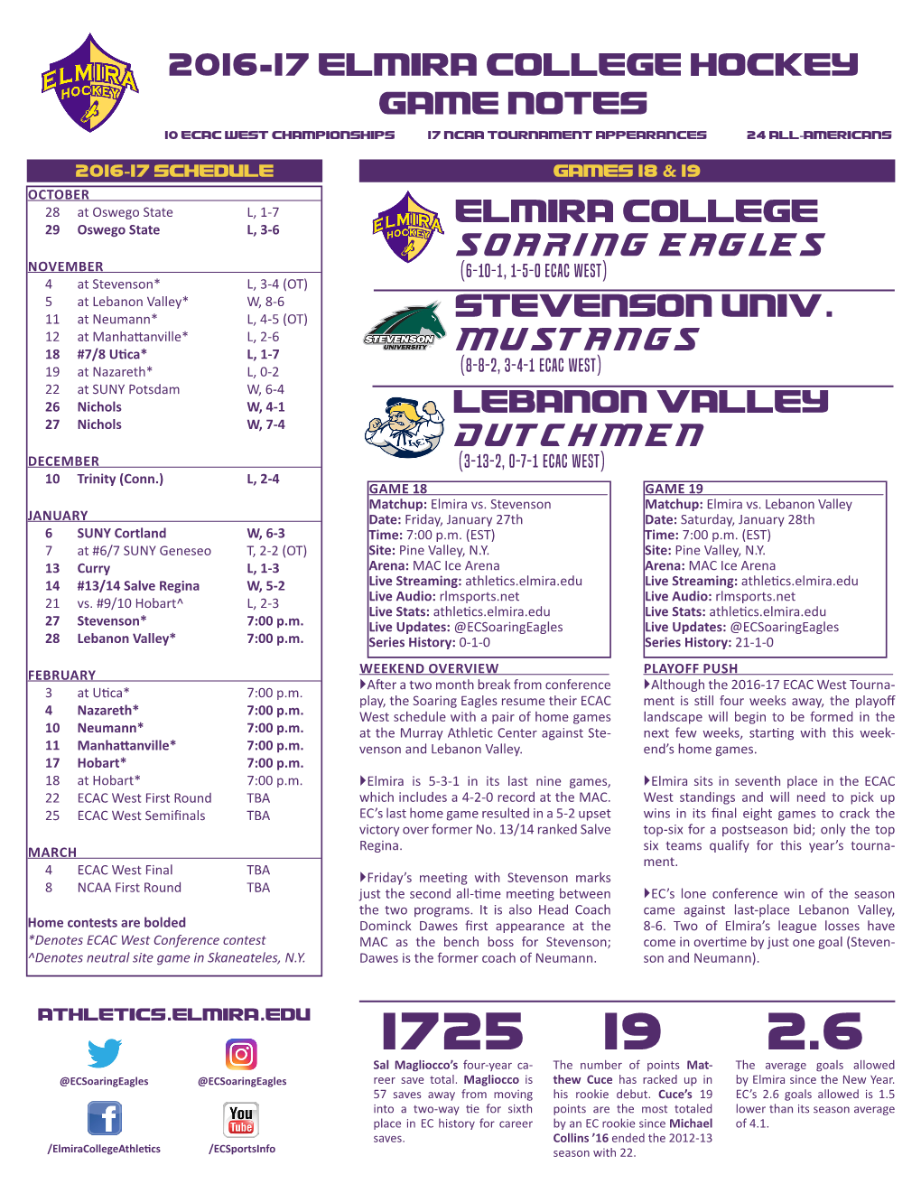 2016-17 Elmira College HOCKEY GAME NOTES Elmira College