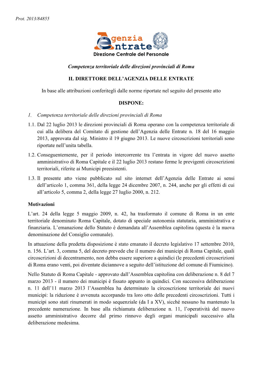 Competenza Territoriale Delle Direzioni Provinciali Di Roma