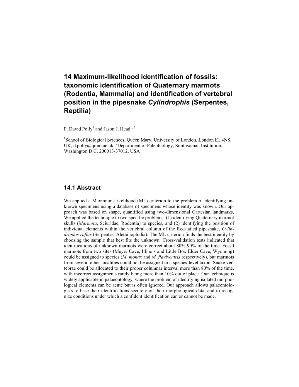 14 Maximum-Likelihood Identification of Fossils: Taxonomic Identification Of