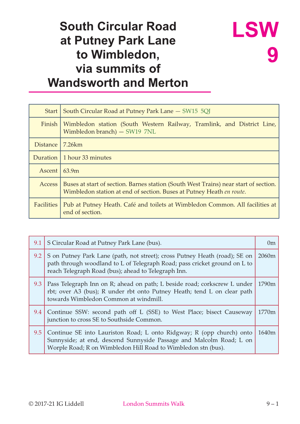 Putney Park Lane LSW to Wimbledon, 9 Via Summits of Wandsworth and Merton