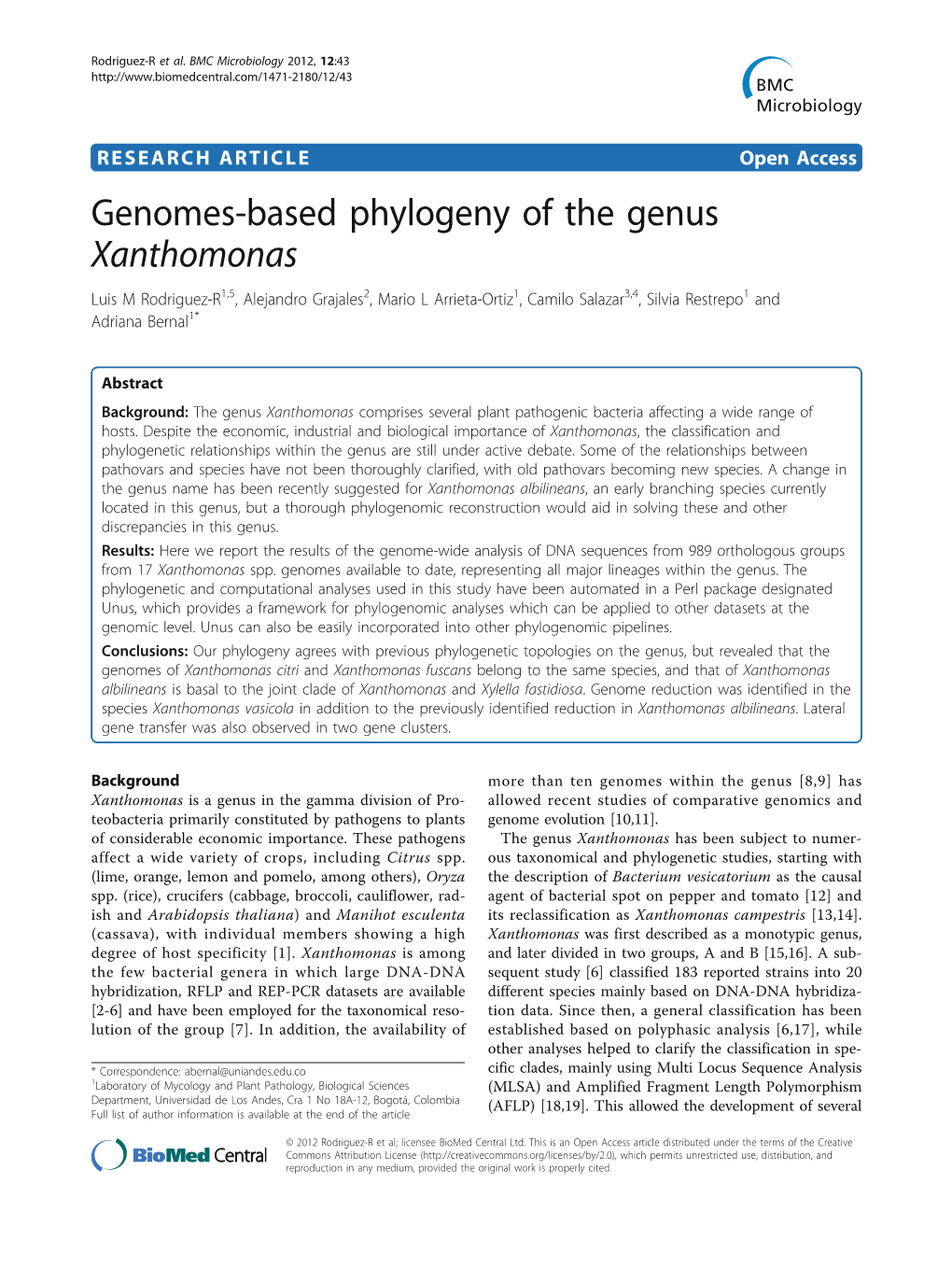 Genomes-Based Phylogeny of the Genus Xanthomonas