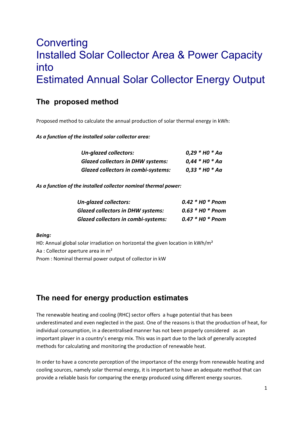 Converting Installed Solar Collector Area & Power Capacity Into