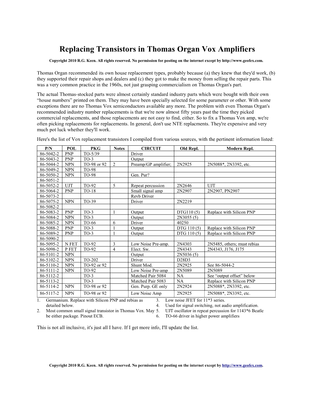 Replacing Thomas Vox Amplifier Transistors