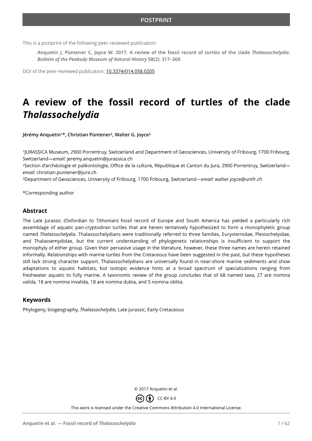 A Review of the Fossil Record of Turtles of the Clade Thalassochelydia