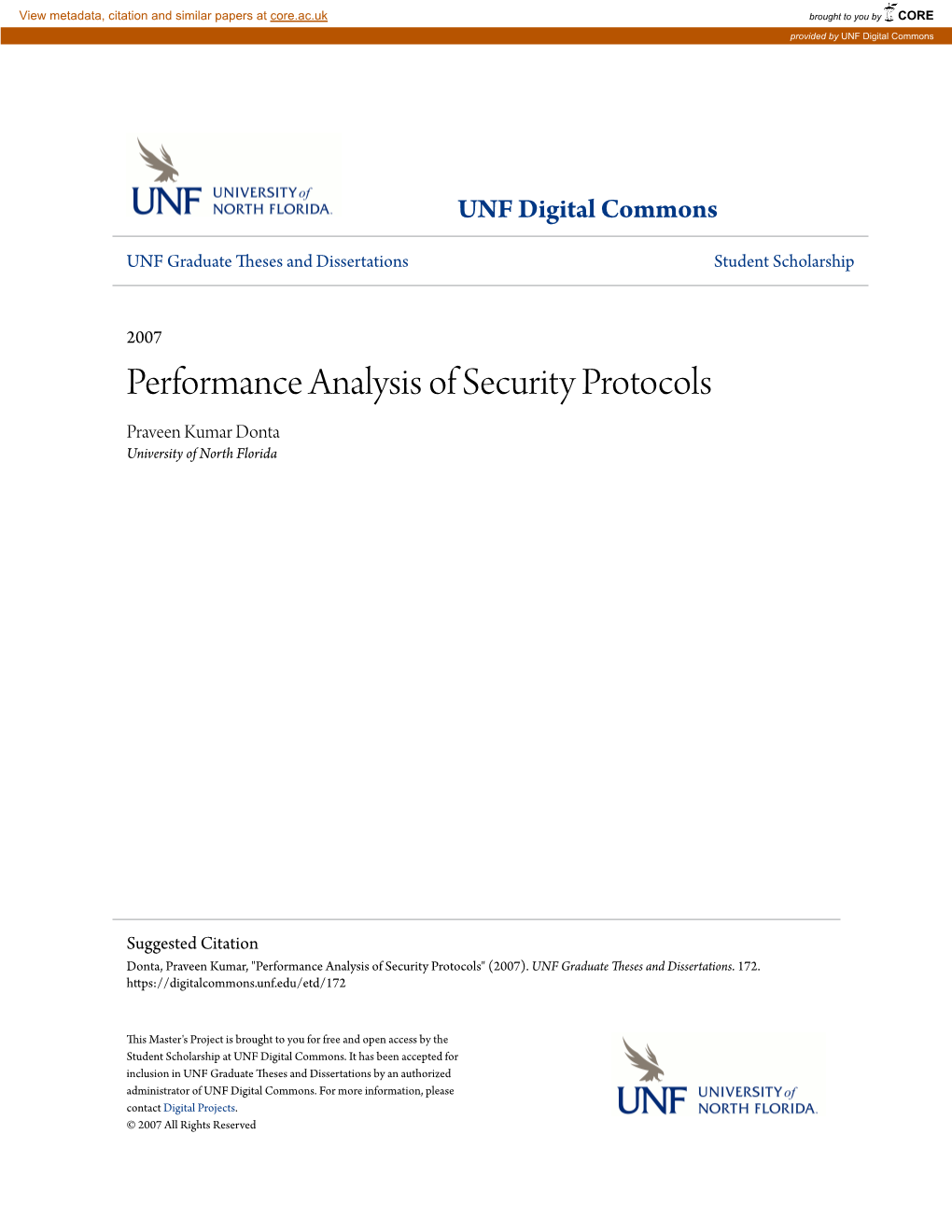 Performance Analysis of Security Protocols Praveen Kumar Donta University of North Florida