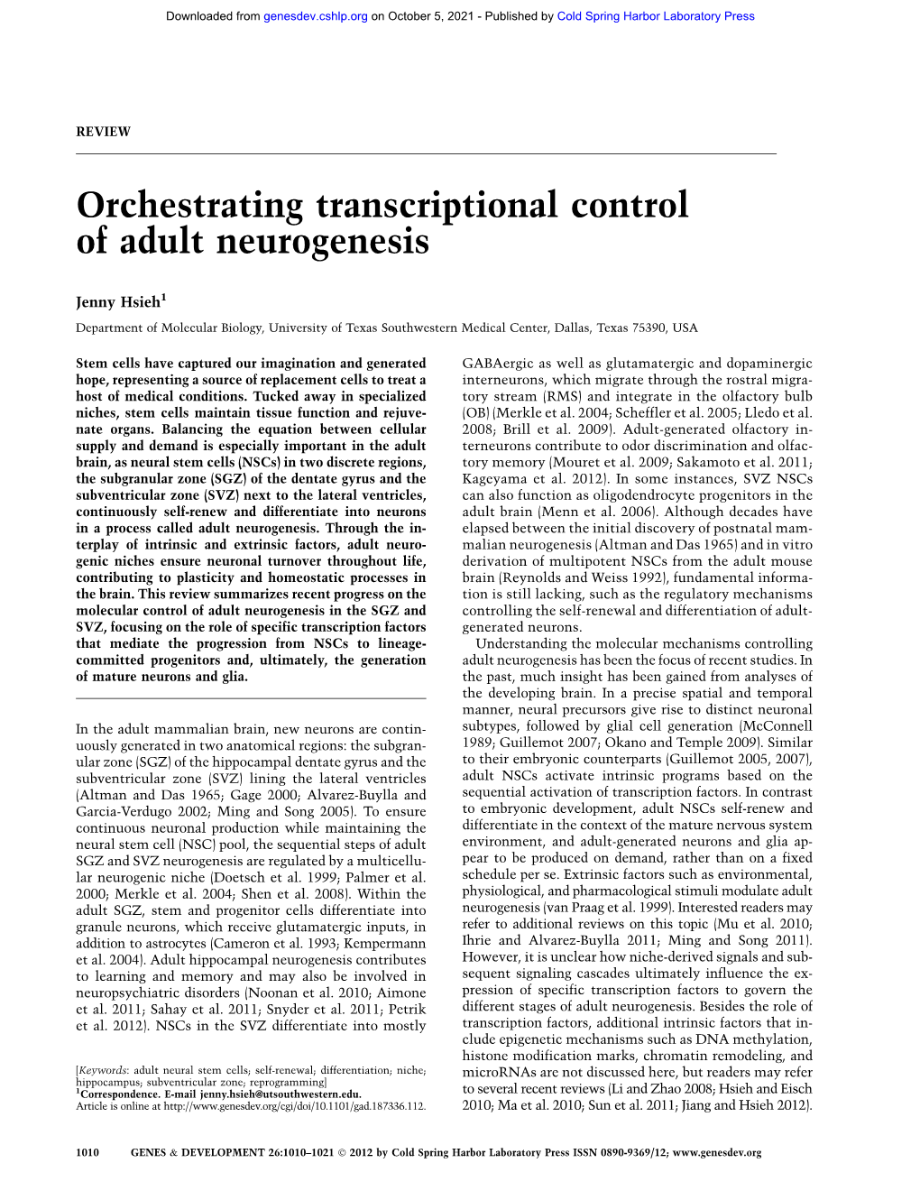 Orchestrating Transcriptional Control of Adult Neurogenesis