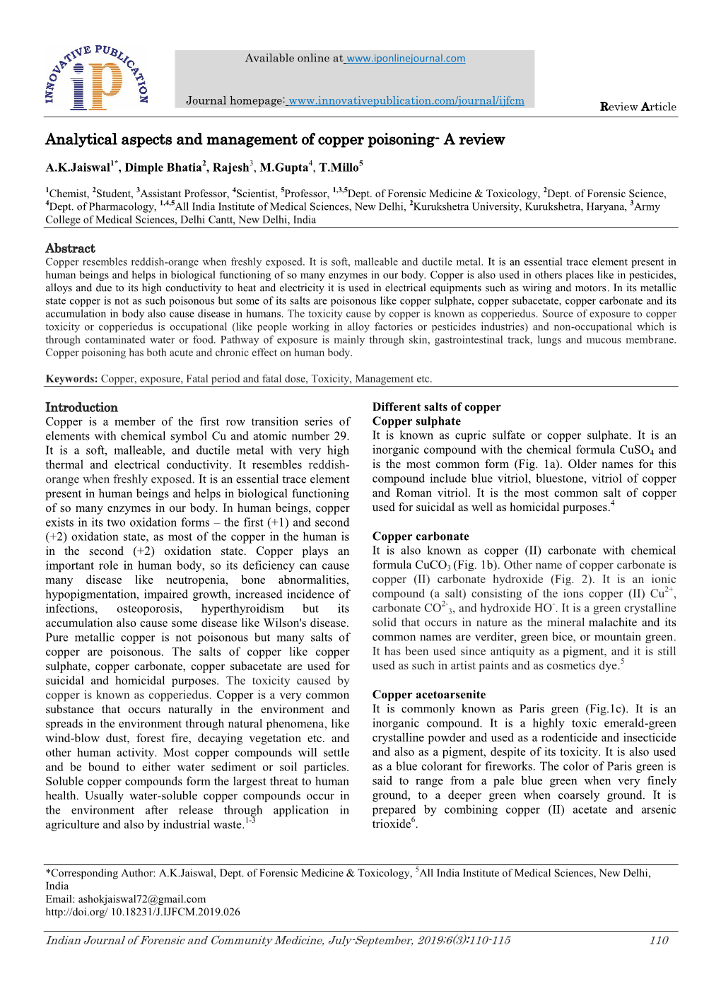 Analytical Aspects and Management of Copper Poisoning- a Review