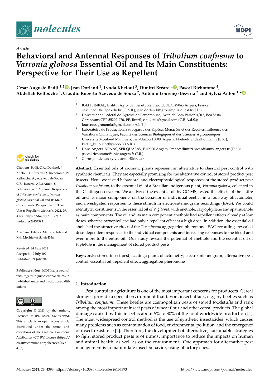 Behavioral and Antennal Responses of Tribolium Confusum to Varronia Globosa Essential Oil and Its Main Constituents: Perspective for Their Use As Repellent