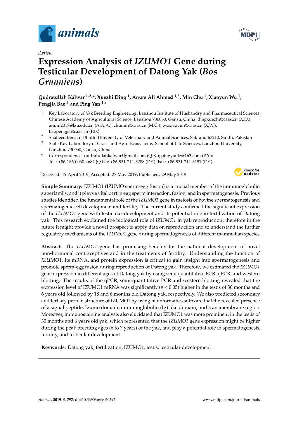 Expression Analysis of IZUMO1 Gene During Testicular Development of Datong Yak (Bos Grunniens)