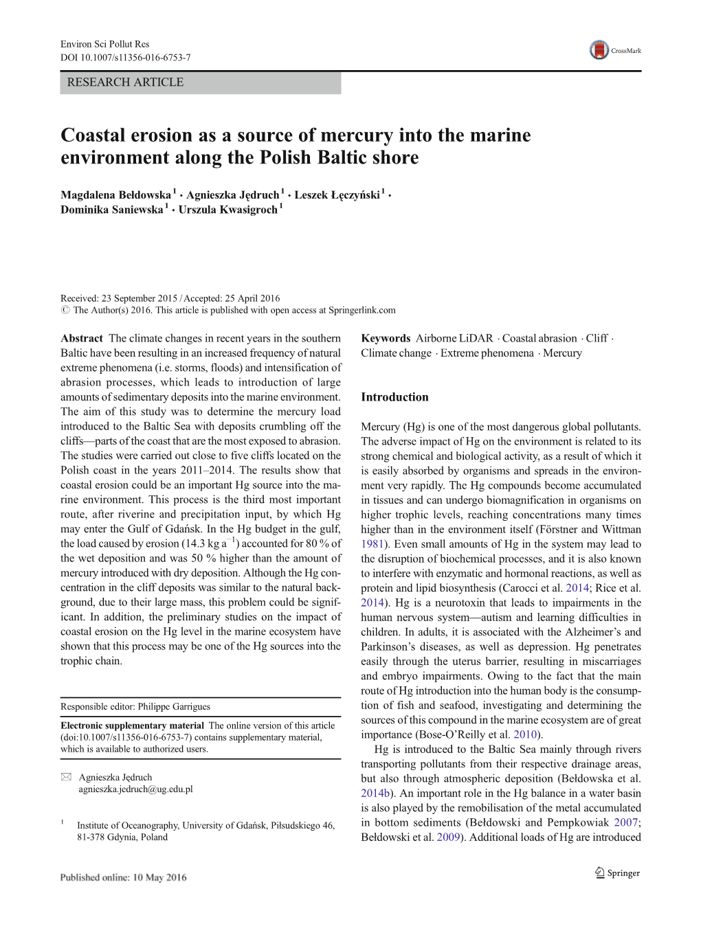 Coastal Erosion As a Source of Mercury Into the Marine Environment Along the Polish Baltic Shore