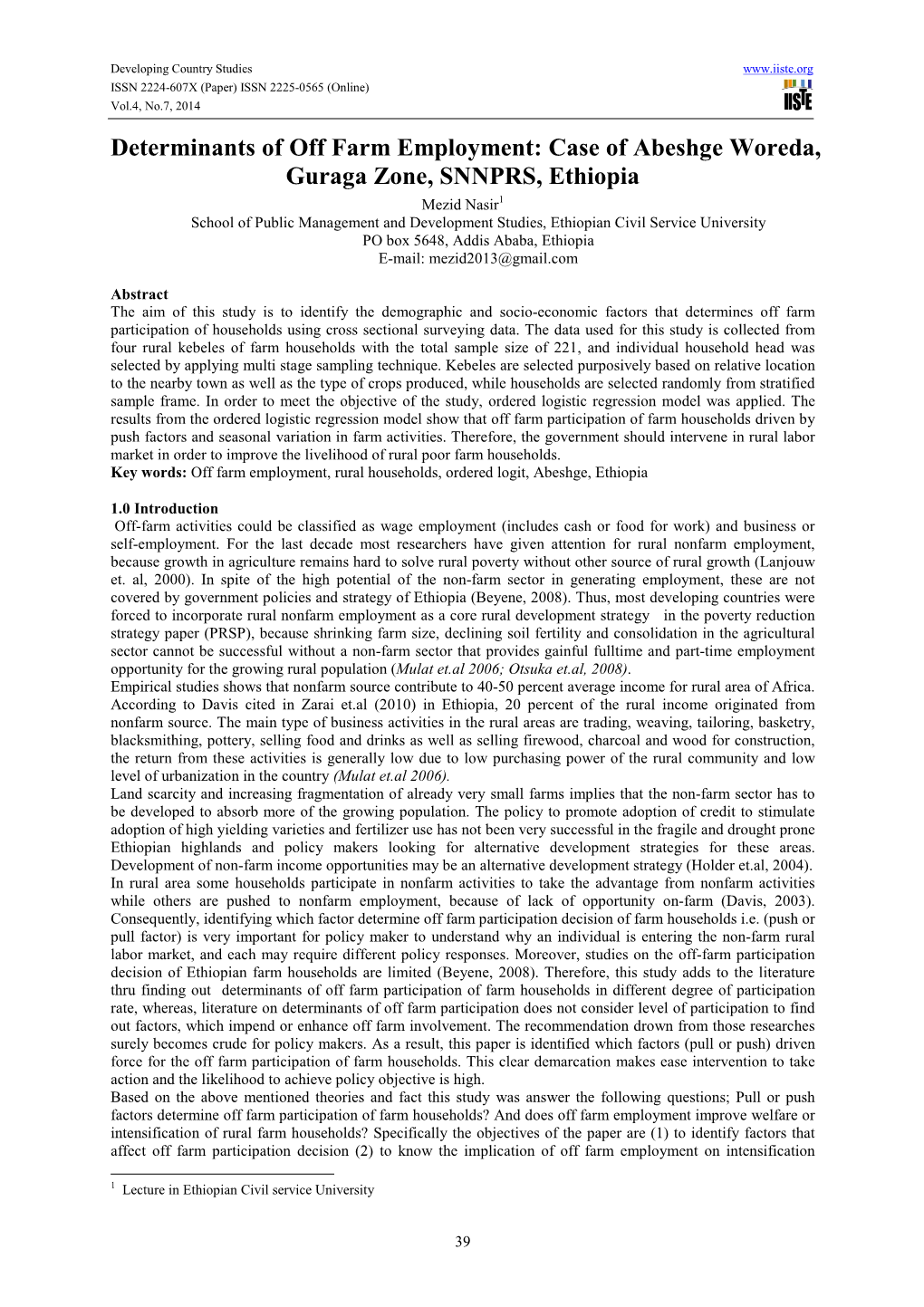 Determinants of Off Farm Employment: Case of Abeshge