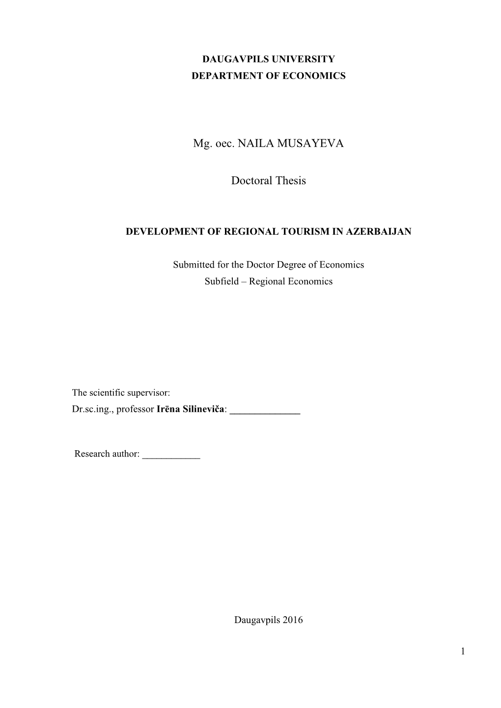 Mg. Oec. NAILA MUSAYEVA Doctoral Thesis