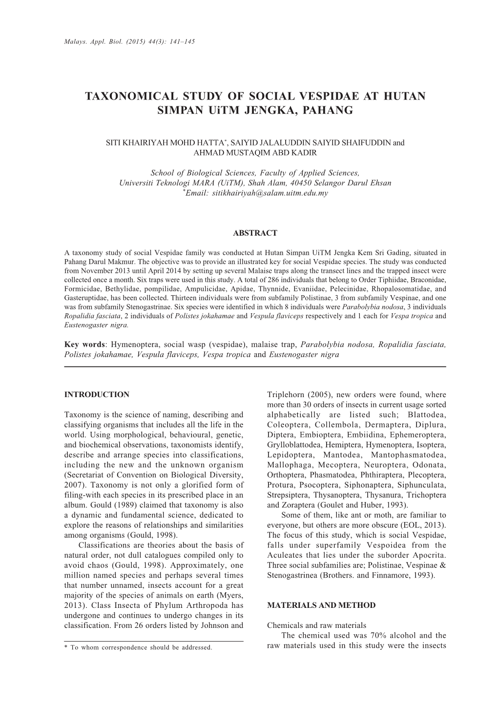 141–145Taxonomical Study of Social Vespidae 141