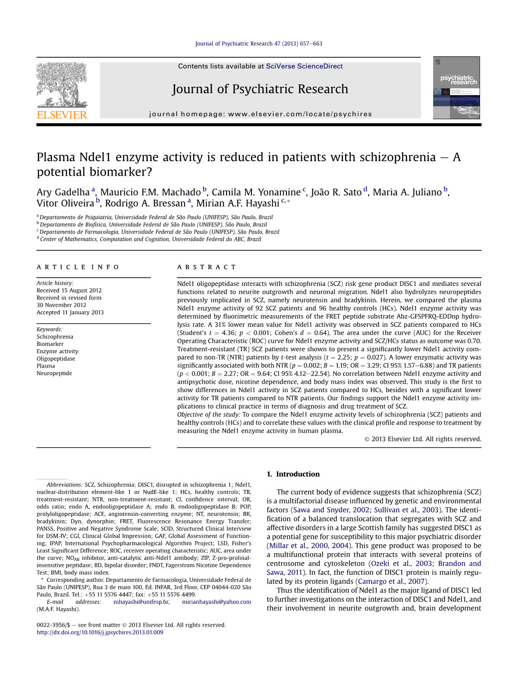 Plasma Ndel1 Enzyme Activity Is Reduced in Patients with Schizophrenia E a Potential Biomarker?