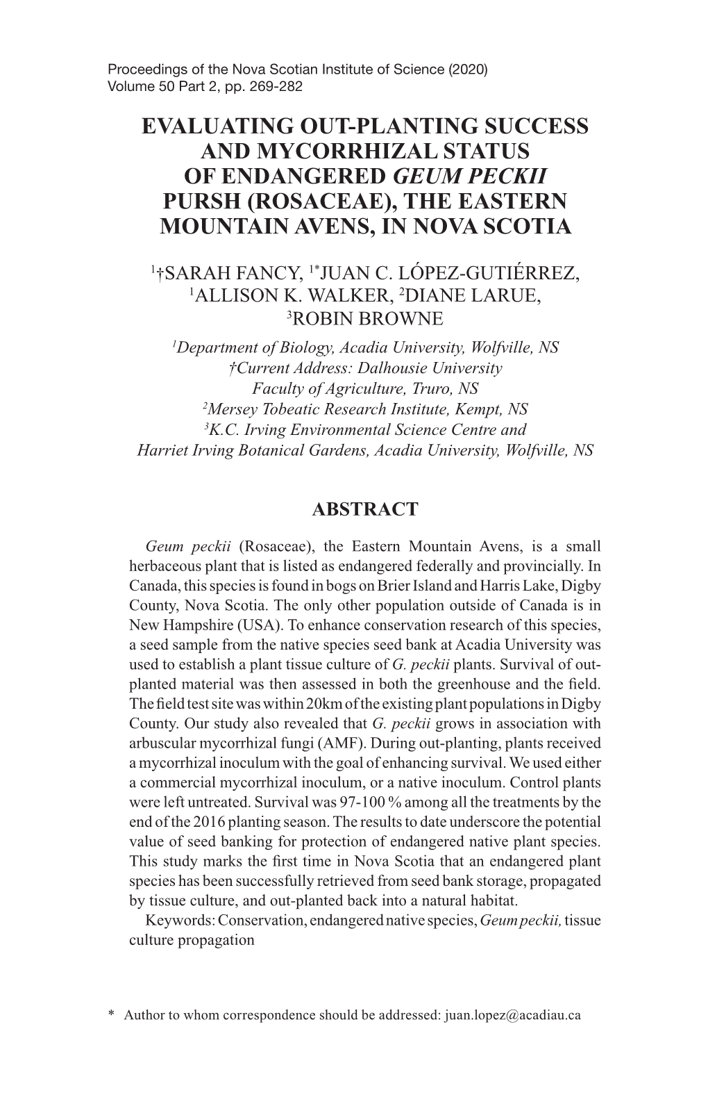Evaluating Out-Planting Success and Mycorrhizal Status of Endangered Geum Peckii Pursh (Rosaceae), the Eastern Mountain Avens, in Nova Scotia