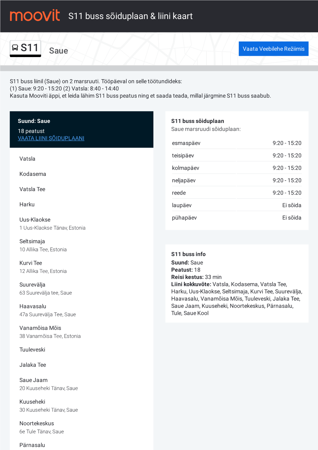 S11 Buss Sõiduplaan & Liini Marsruudi Kaart