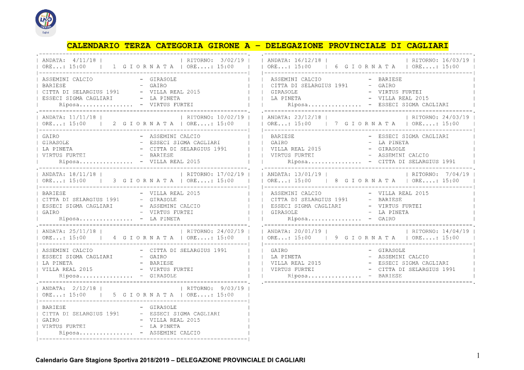 Calendario Terza Categoria Girone a – Delegazione Provinciale Di Cagliari