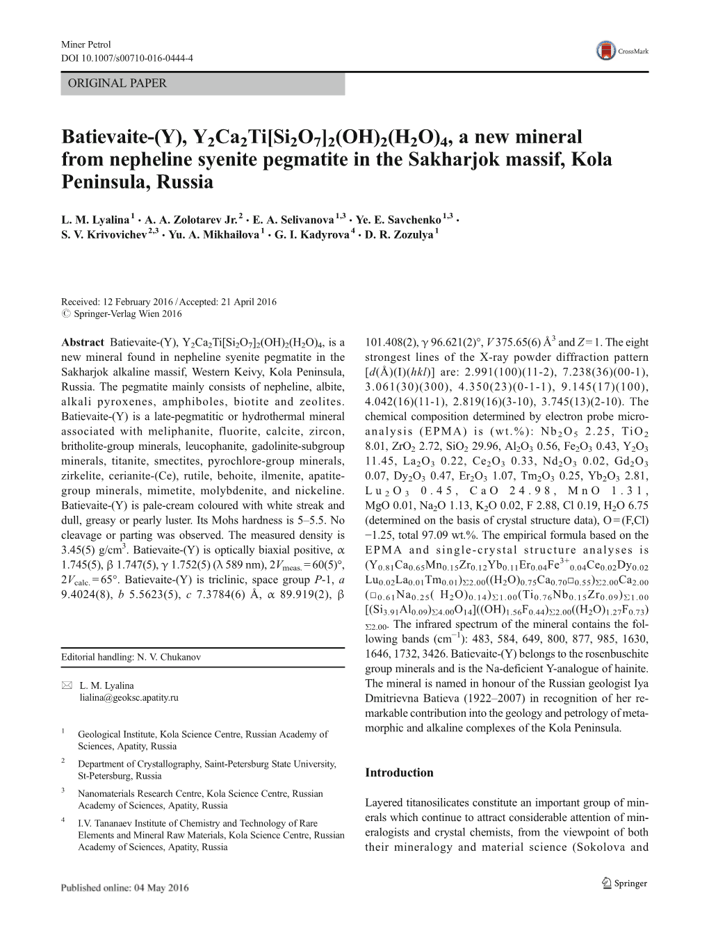 2(H2O)4, a New Mineral from Nepheline Syenite Pegmatite in the Sakharjok Massif, Kola Peninsula, Russia