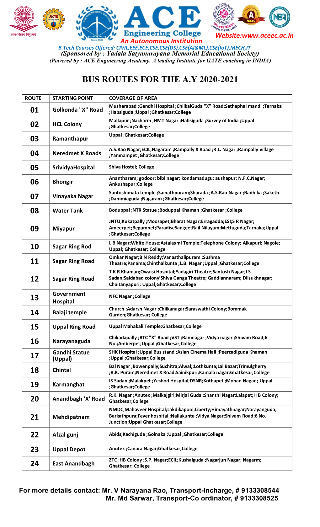 Bus Routes for the A.Y 2020-2021