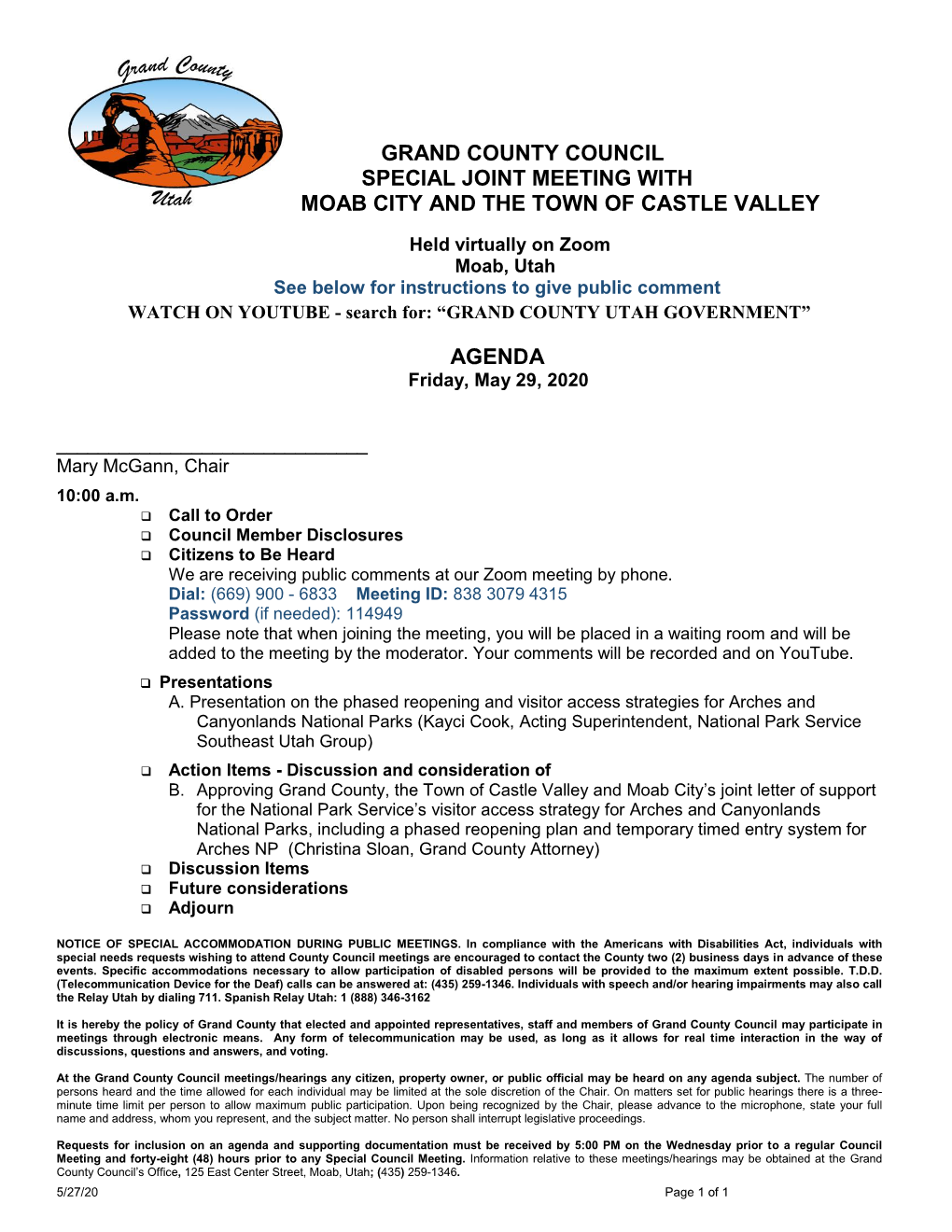 Grand County Council Special Joint Meeting with Moab City and the Town of Castle Valley