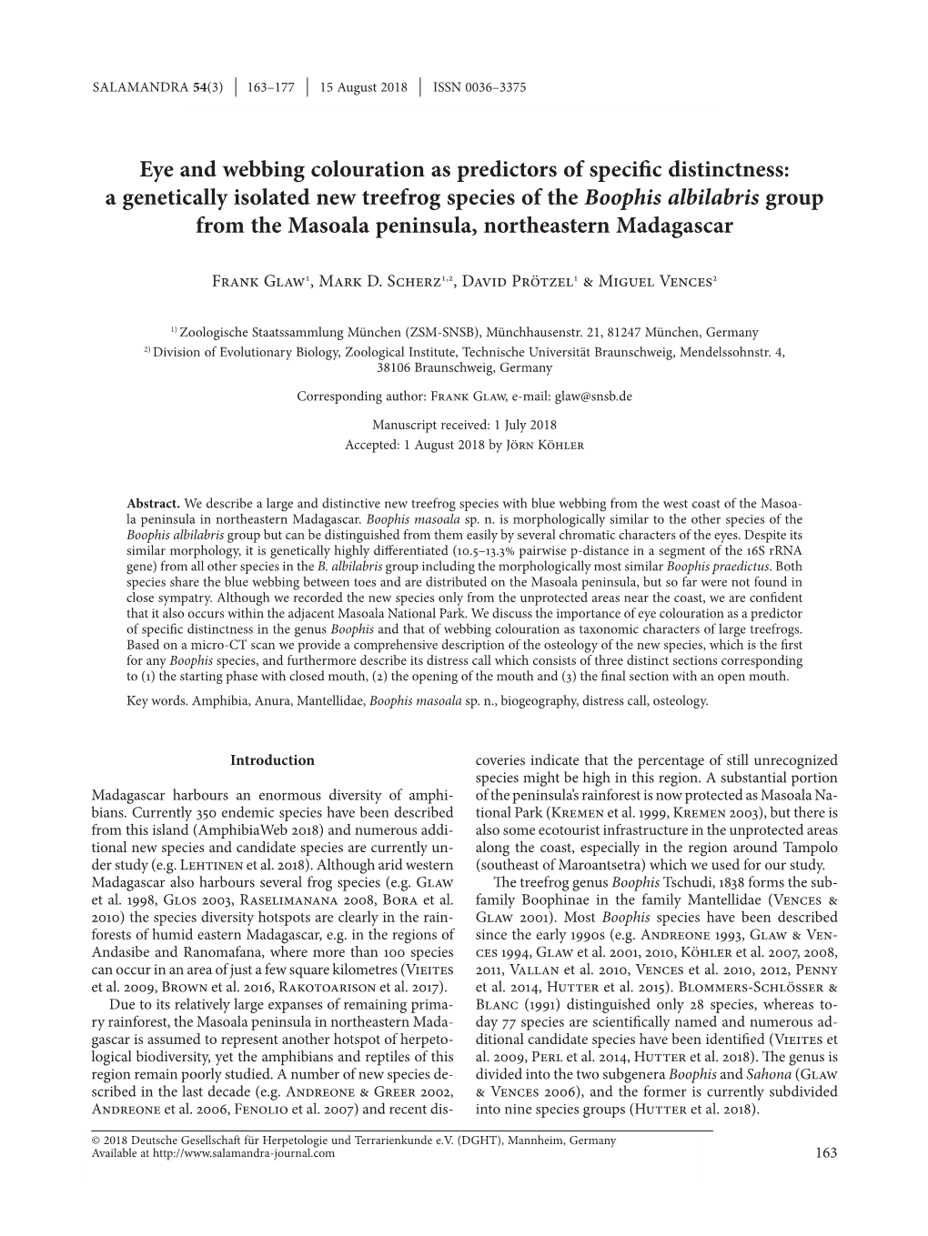 A Genetically Isolated New Treefrog Species of the Boophis Albilabris Group from the Masoala Peninsula, Northeastern Madagascar