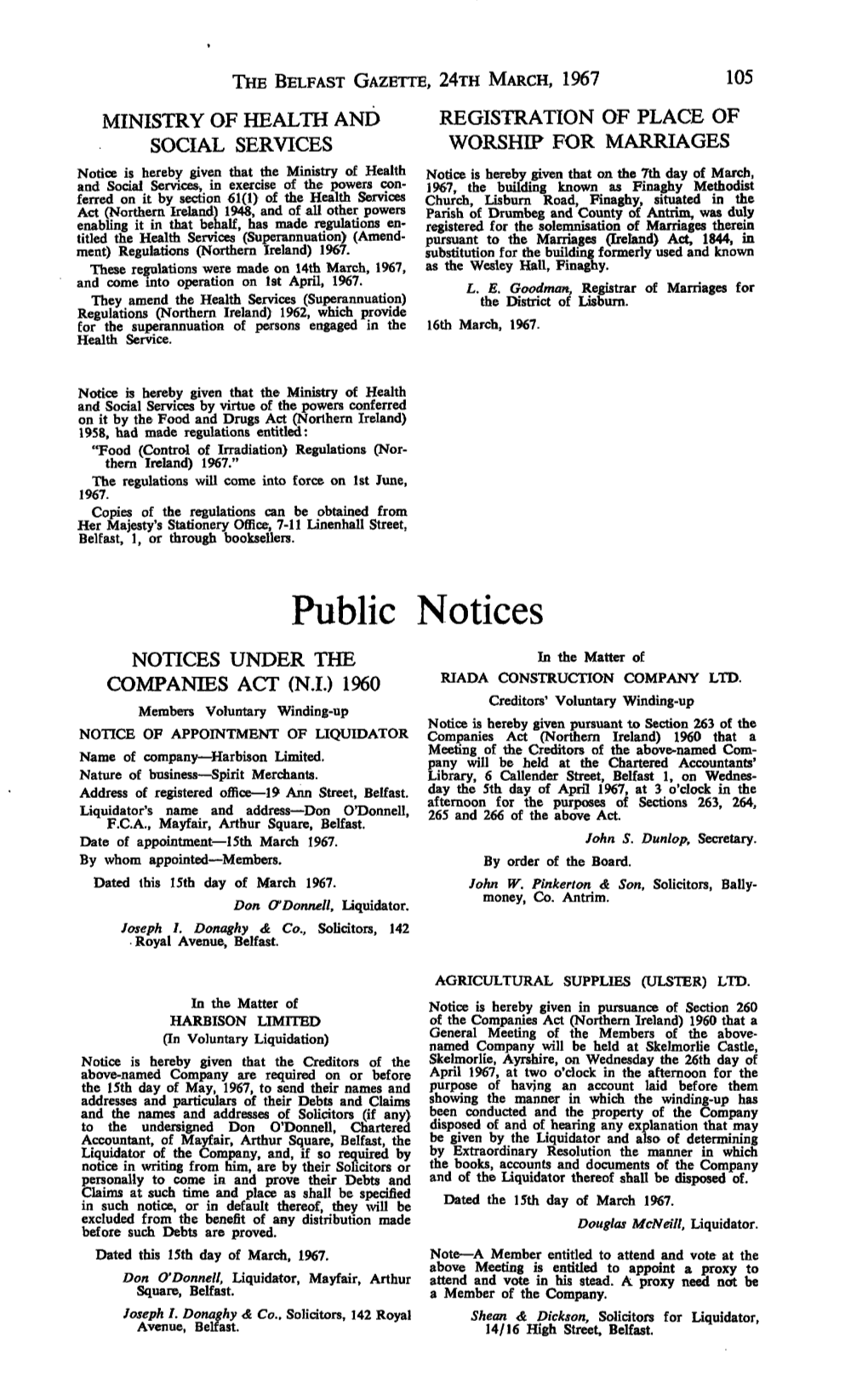 Public Notices NOTICES UNDER the in the Matter of COMPANIES ACT (N.I.) 1960 RIADA CONSTRUCTION COMPANY LTD