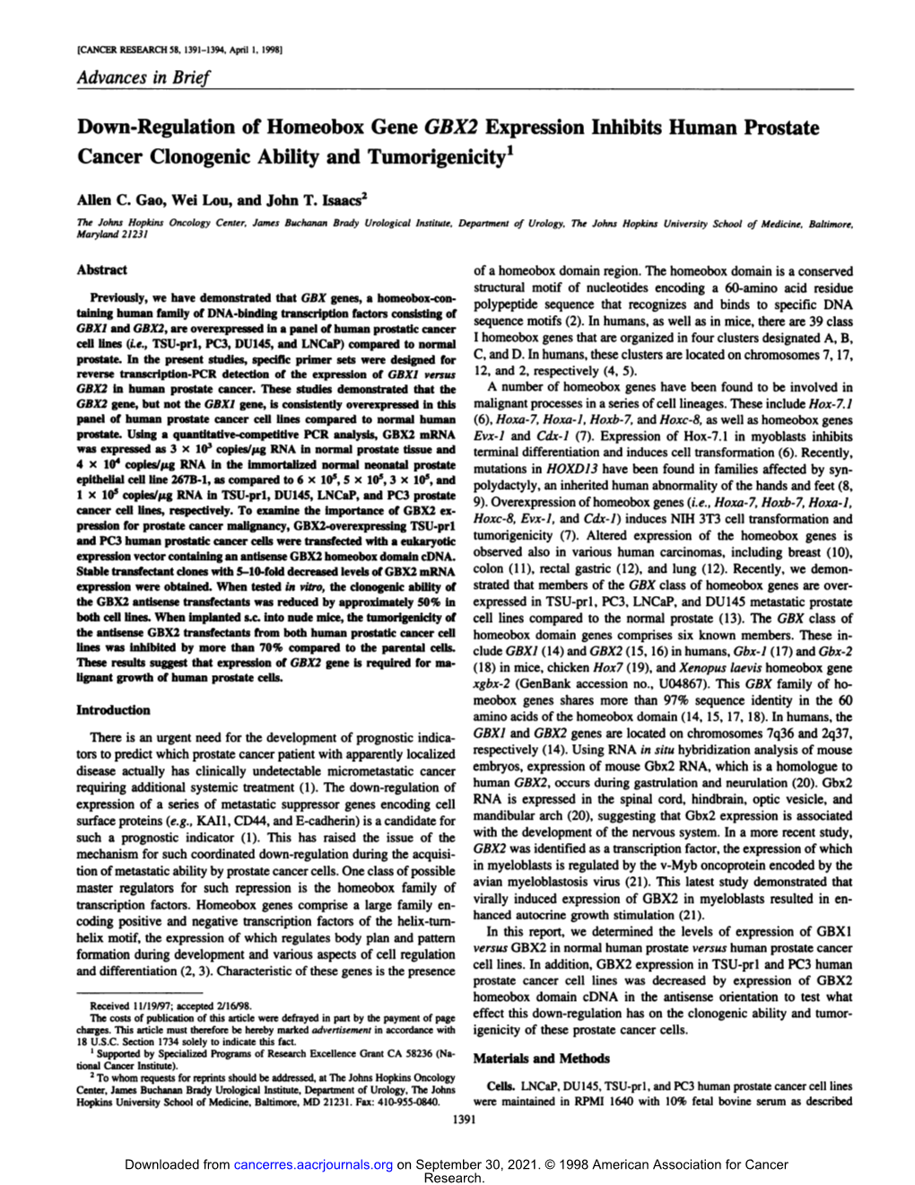 Down-Regulation of Homeobox Gene GBX2 Expression Inhibits Human Prostate Cancer Clonogenic Ability and Tumorigenicity1