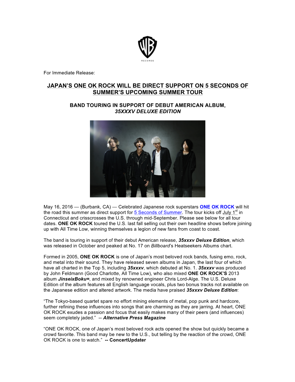 Japan's One Ok Rock Will Be Direct Support on 5