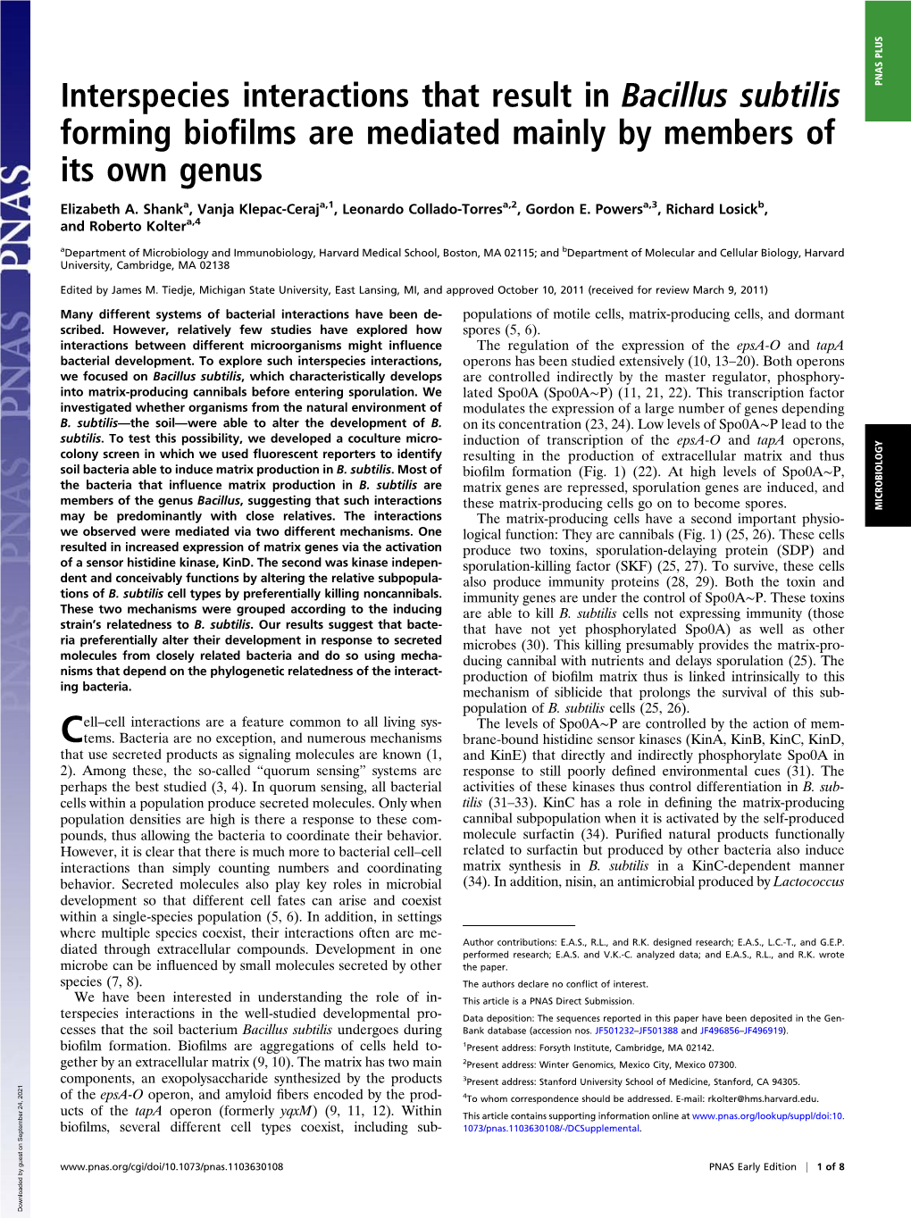 Interspecies Interactions That Result in Bacillus Subtilis Forming Biofilms Are