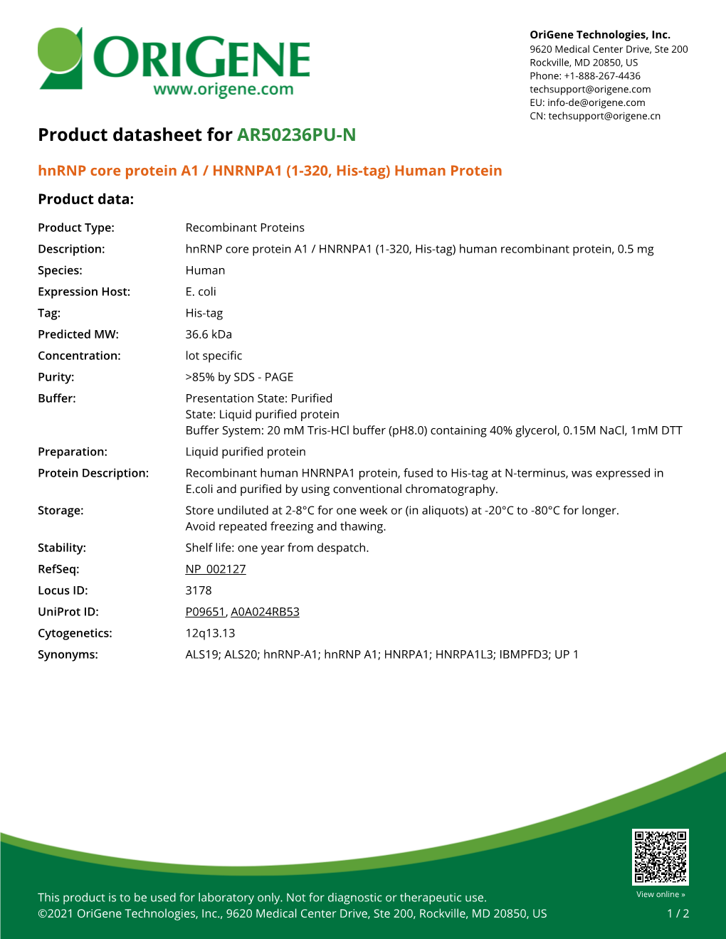 Hnrnp Core Protein A1 / HNRNPA1 (1-320, His-Tag) Human Protein Product Data