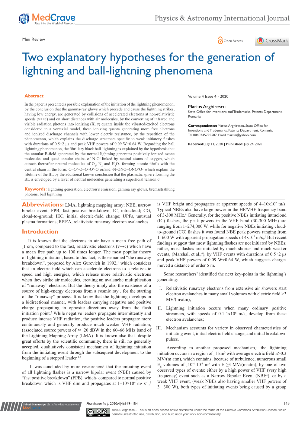 Two Explanatory Hypotheses for the Generation of Lightning and Ball-Lightning Phenomena